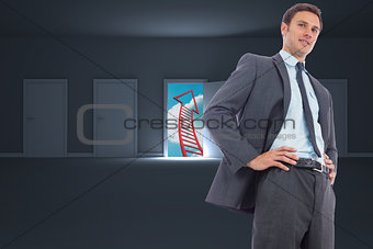 Composite image of cheerful businessman with hands on hips