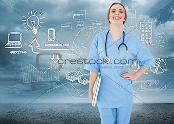 Composite image of young female doctor holding a notebook and laughing into the camera