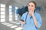 Composite image of young woman doctor thinking