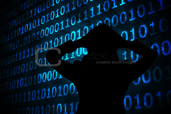 Composite image of shiny blue binary code on black background