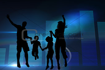 Composite image of glowing blue bar chart on black background