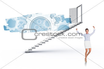 Composite image of excited brunette businesswoman jumping and cheering