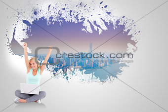 Composite image of joyful woman with a notebook