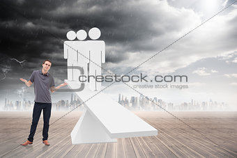 Composite image of man shrugging his shoulders