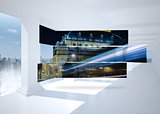 Composite image of architecture with light beam on abstract screen