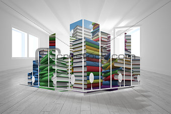 Composite image of piles of books on abstract screen