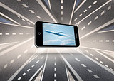 Composite image of airplane on smartphone screen