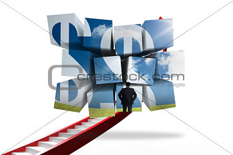 Composite image of businessman and dollar signs on abstract screen