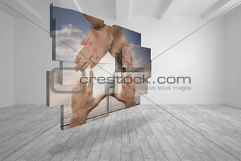 Composite image of hands making a house on abstract screen