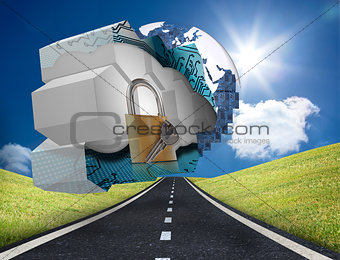 Composite image of lock and key on abstract screen