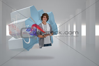 Composite image of student with tablet on abstract screen