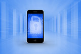 Composite image of blue lock on smartphone screen