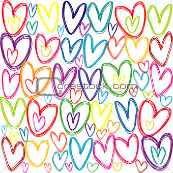 Seamless pattern with colored doodle hearts