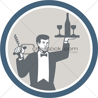 Waiter Serving Wine Bottle on Platter Retro