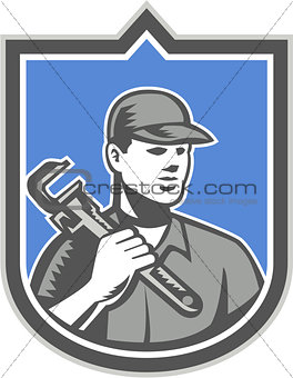 Plumber Holding Wrench Woodcut Shield 
