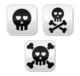 Cartoon skull with bones and hearts vector buttons set
