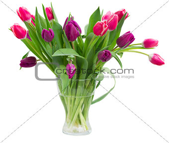 pink   and violet tulips bouquet in vase