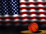 Basketball on Court with American Flag