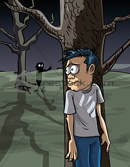 Cartoon of scared man in the woods hiding