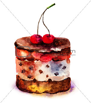 Watercolor illustration of cake with cherry 