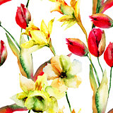 Seamless pattern with Narcissus and Tulips flowers