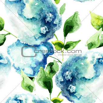 Seamless pattern with Hydrangea blue flowers