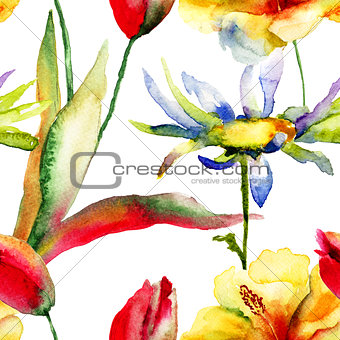 Watercolor painting of Tulips and Lily flowers