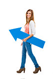 Woman with a blue arrow