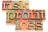 risk, profit, loss words in wood type