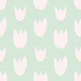 Seamless vector floral pastel pattern with hand drawn pink tulips on fresh spring green background.