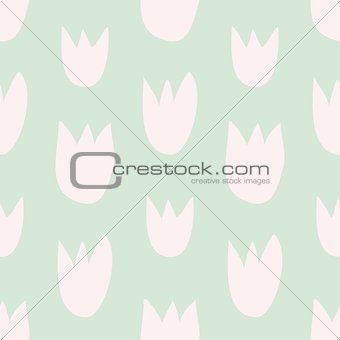 Seamless vector floral pastel pattern with hand drawn pink tulips on fresh spring green background.