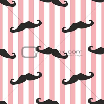 Vector pattern with black gentleman mustaches on stripes white and pink background.