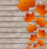 Autumn leaves maple on wooden texture