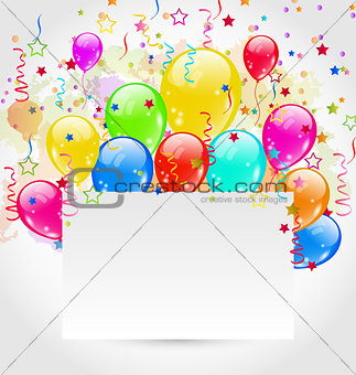 Birthday card with multicolored balloons and confetti