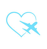 Airplane symbol in shape heart isolated on white background