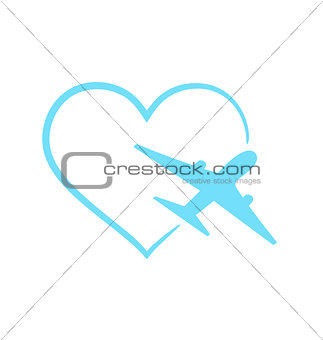 Airplane symbol in shape heart isolated on white background