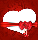 Card heart shaped with silk bow and red rose for Valentine Day