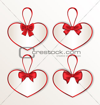 Set elegance cards heart shaped with silk bows for Valentine Day