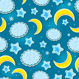 Blue Night Sky Seamless Pattern with Star, Cloud and Crescents