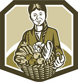 Female Organic Farmer Crop Harvest Woodcut