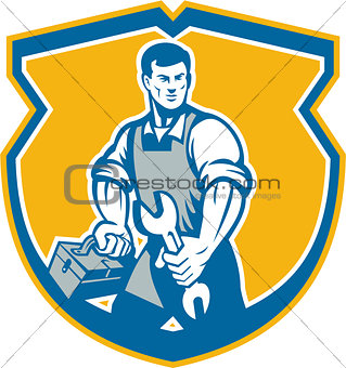 Mechanic Holding Spanner Wrench Toolbox Crest Retro