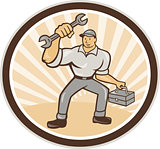 Mechanic Holding Spanner Wrench Toolbox Cartoon