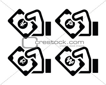 Hand holding banknote icons set isolated on white