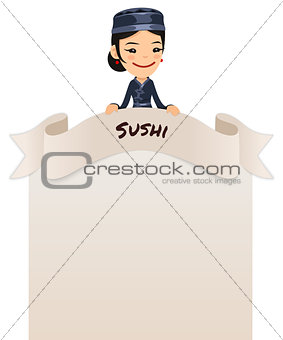 Asian Female Chef Looking at Blank Menu on Top