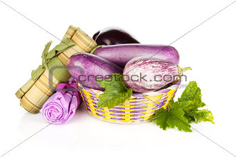 Fresh ripe eggplants in basket