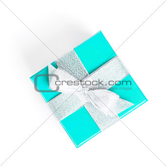 Blue gift box with silver ribbon