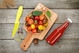 Cherry tomatoes on cutting board