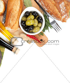 Italian food appetizer of olives, bread, olive oil and balsamic 