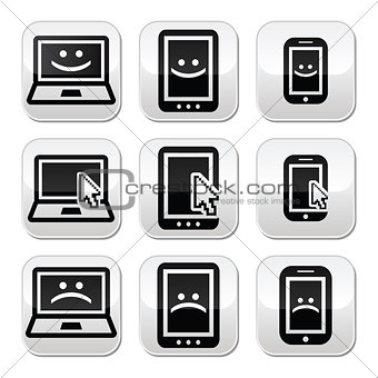 Laptop, tablet and phone with cursor arrow, happy and sad faces