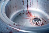 Close-up shot of bloody kitchen sink 